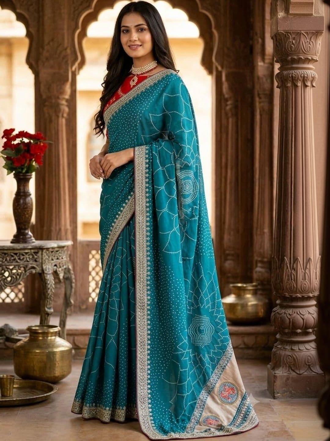 SmileyFashion Bandhani Embroidered Art Silk Designer Saree - view 1
