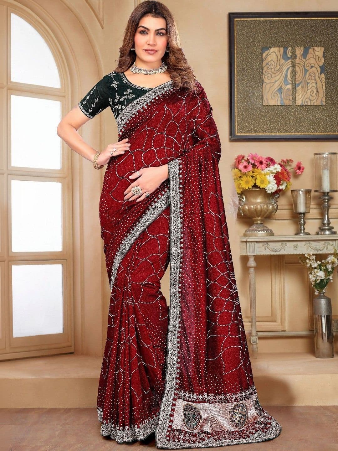 SmileyFashion Embellished Embroidered Art Silk Designer Saree thumbnail 2