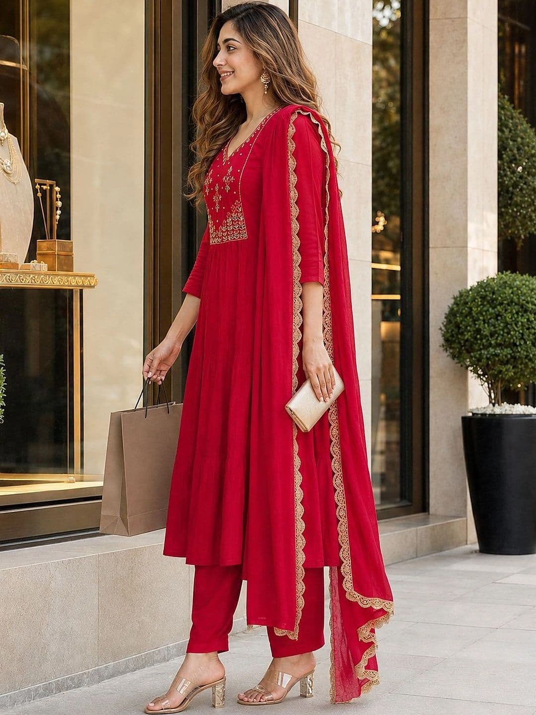 Berrylicious Women Ethnic Motifs Embroidered  Work Chanderi Cotton Kurta with Trousers thumbnail 4