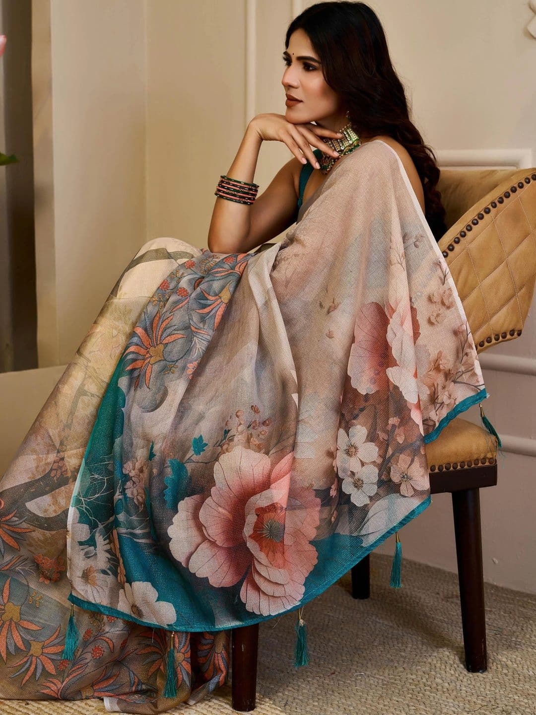HERE&NOW Floral Silk Cotton Handloom Saree thumbnail 5