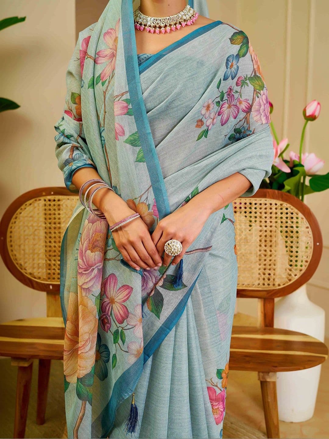 HERE&NOW Women Floral Silk Cotton Handloom Saree thumbnail 4