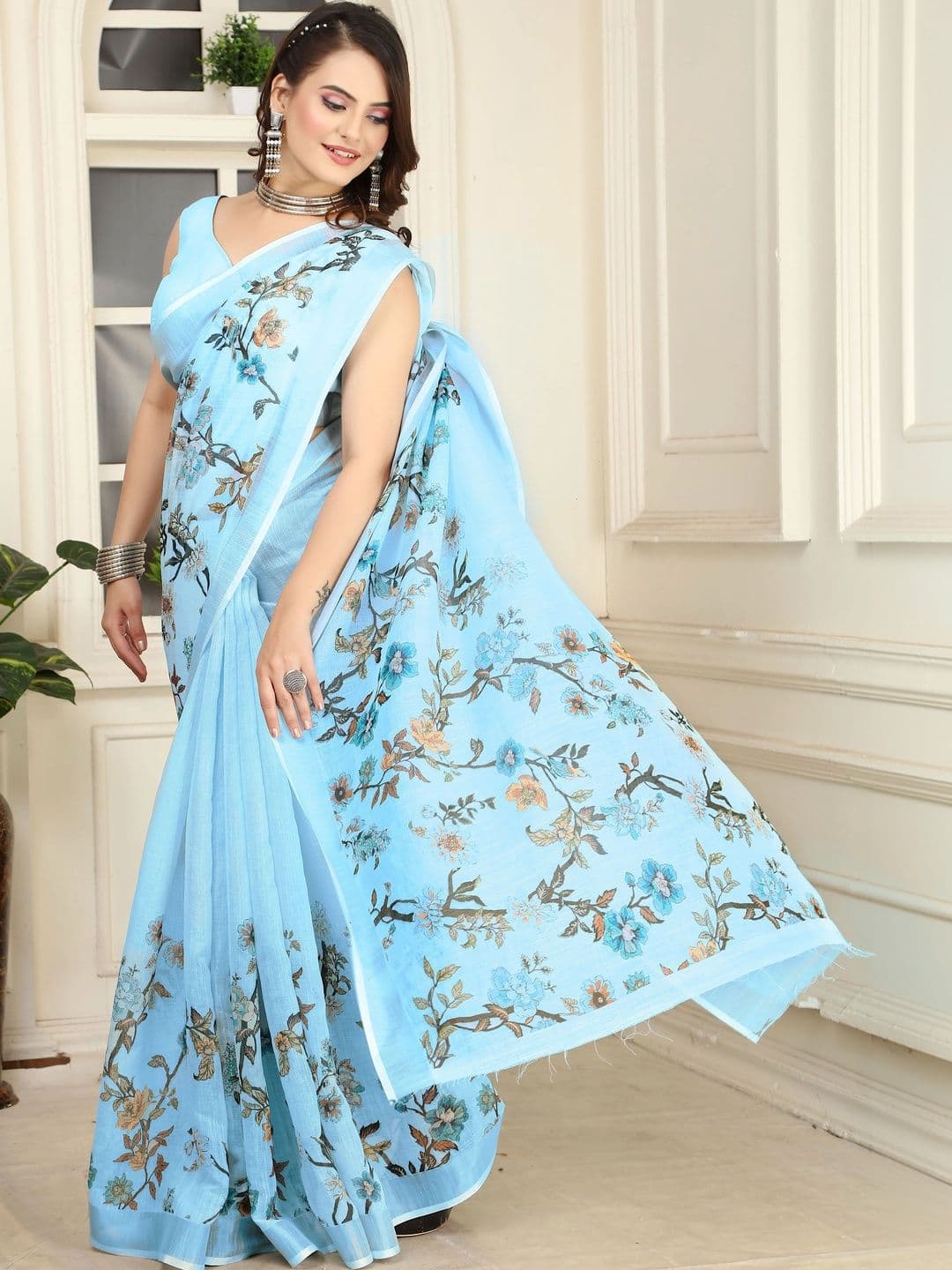 MANVAA Women Cotton Linen Digital Print Saree thumbnail 3