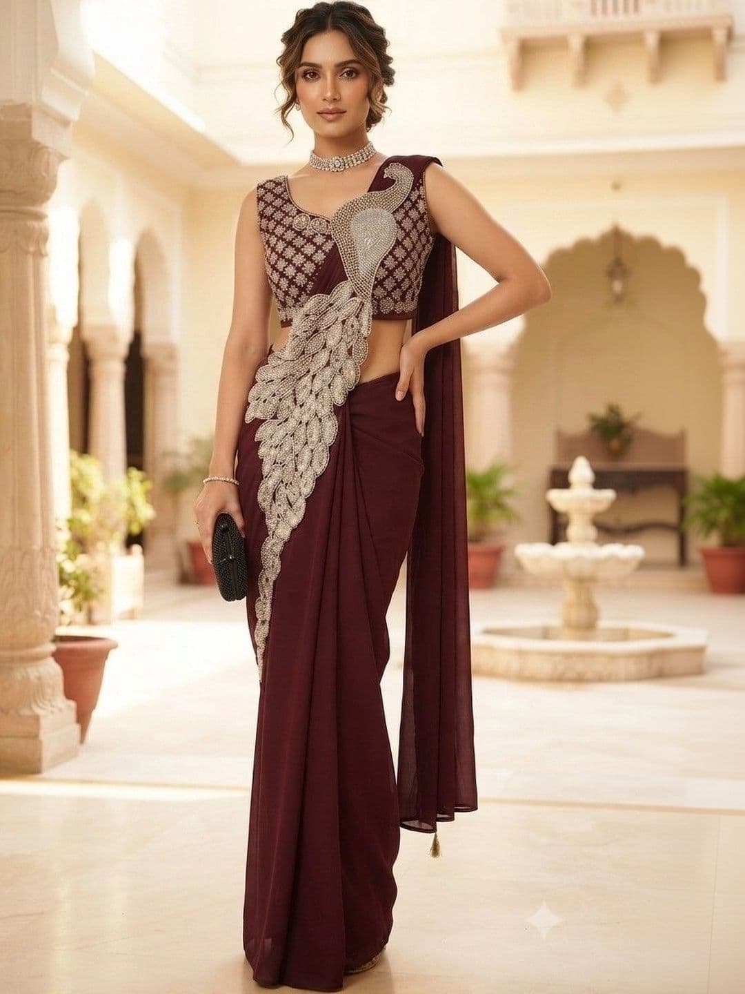 SmileyFashion Embellished Embroidered Pure Georgette Designer Saree - view 1