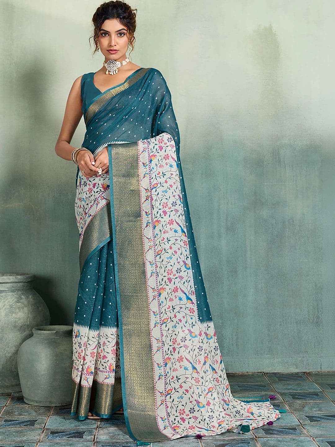 KALINI Floral Zari Designer Block Print Saree - view 1