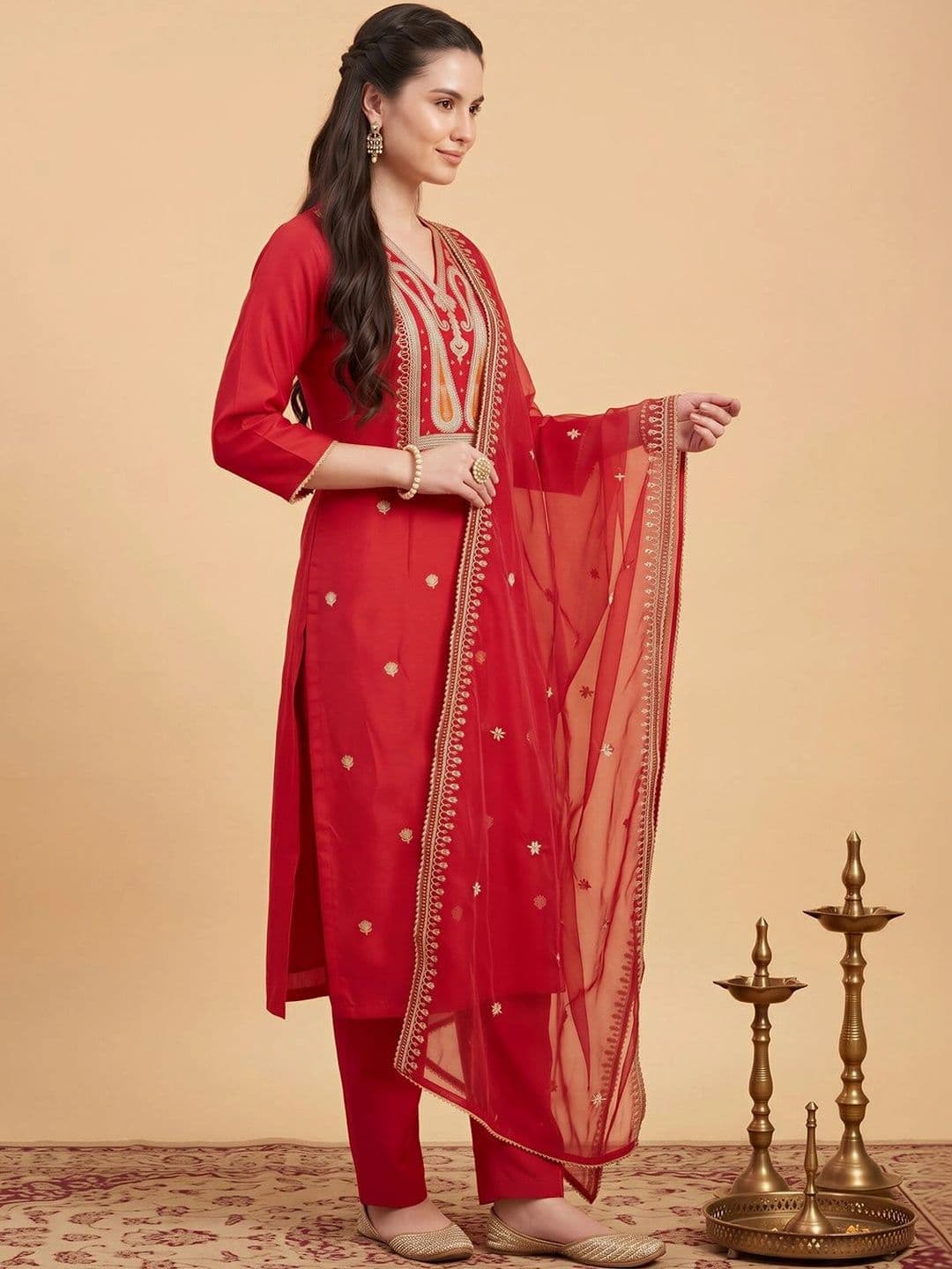 Indo Era Women Ethnic Motifs Embroidered Regular Thread Work Liva Kurta with Trousers & With Dupatta thumbnail 2
