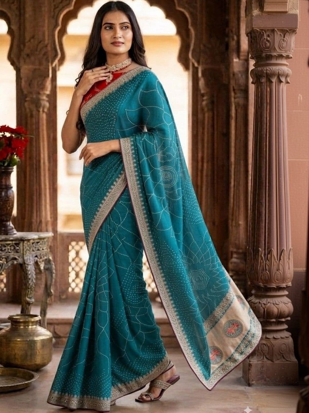 SmileyFashion Bandhani Embroidered Art Silk Designer Saree thumbnail 3