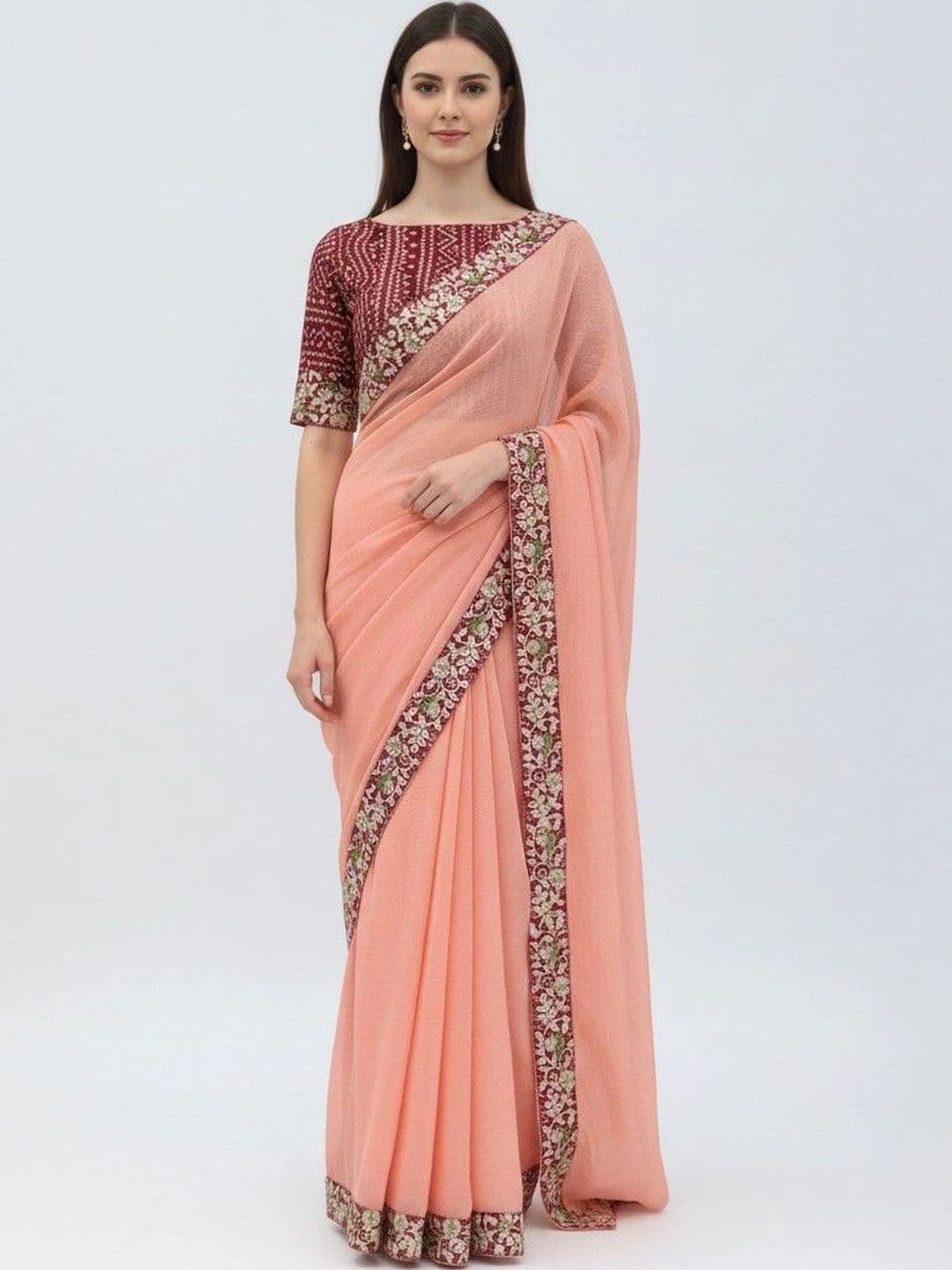 SmileyFashion Floral Embroidered Poly Chiffon Designer Saree - view 1