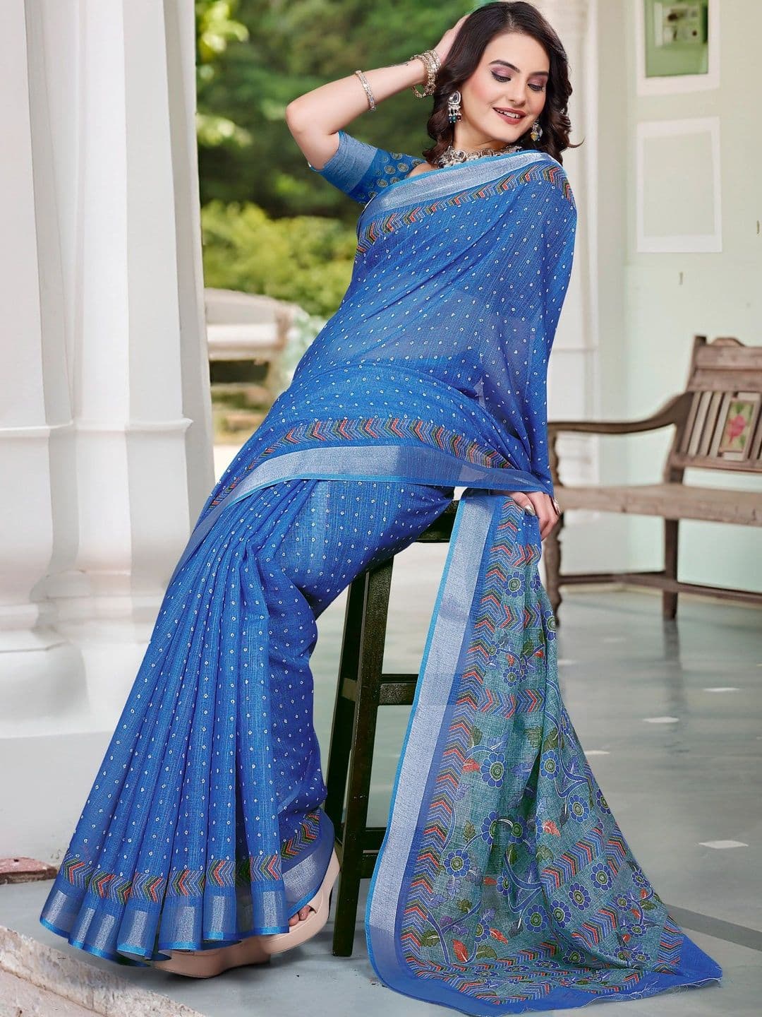 MANVAA Floral Printed Cotton Linen Saree thumbnail 7
