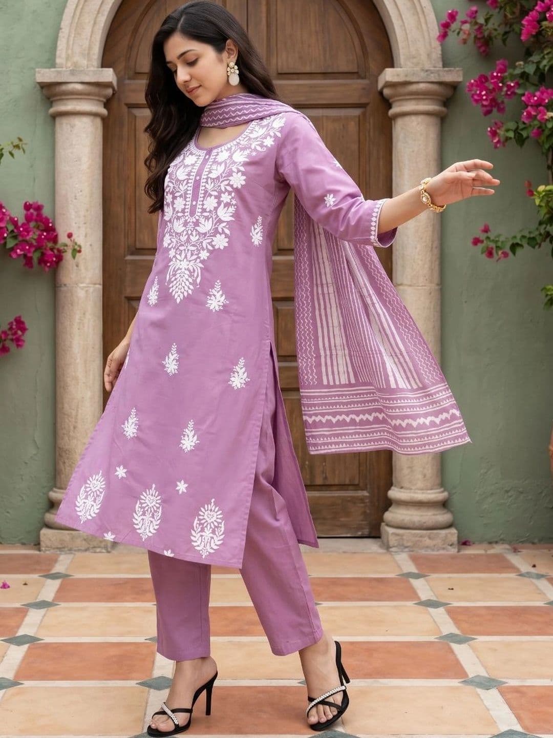 Anouk Women Ethnic Motifs Embroidered Regular Thread Work Pure Cotton Kurta with Trousers & With Dupatta thumbnail 2