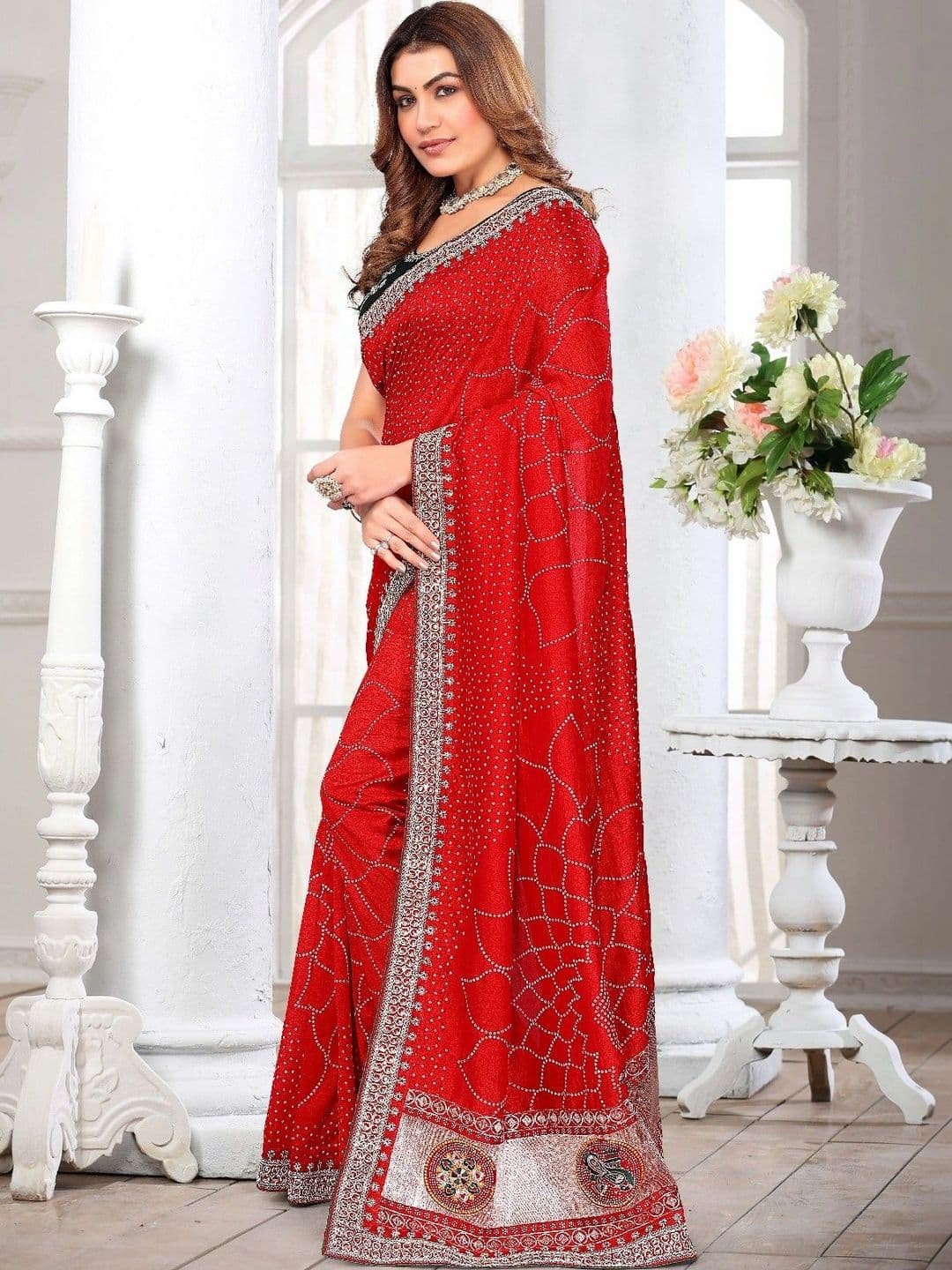 SmileyFashion Bandhani Embroidered Art Silk Designer Saree thumbnail 2
