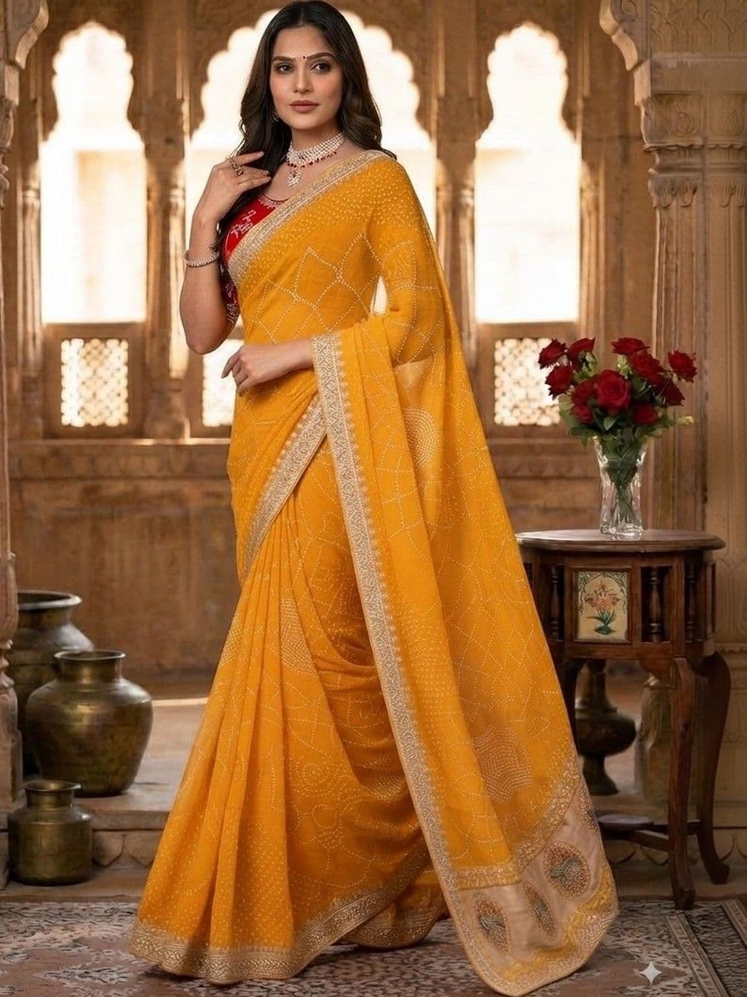 SmileyFashion Bandhani Embroidered Art Silk Designer Saree thumbnail 4