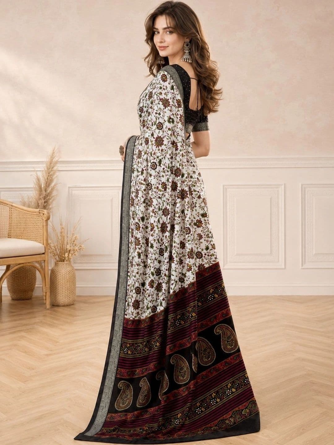 all about you Women Floral Zari Poly Crepe Fusion Saree thumbnail 2