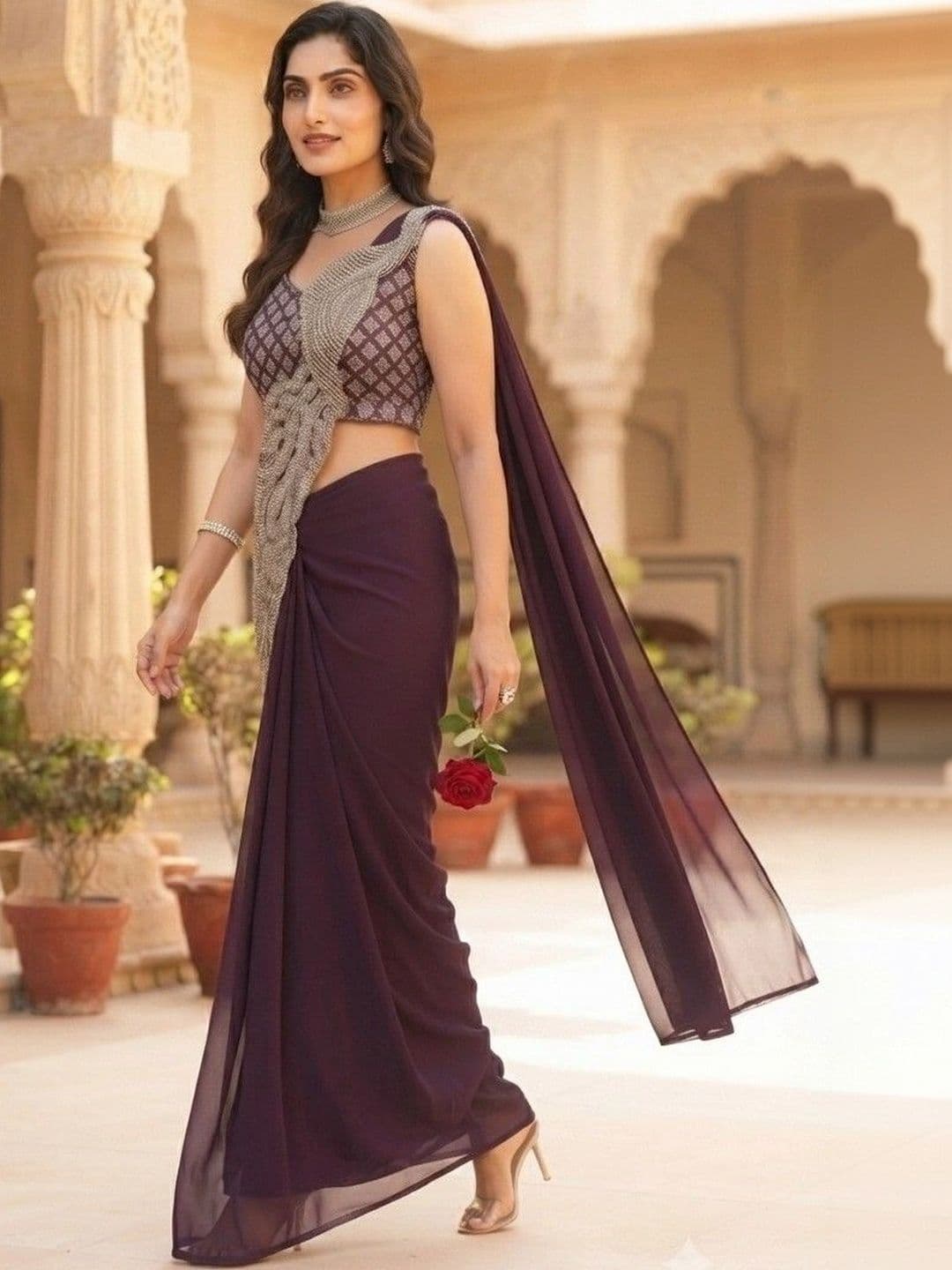 SmileyFashion Embellished Embroidered Pure Georgette Designer Saree thumbnail 4