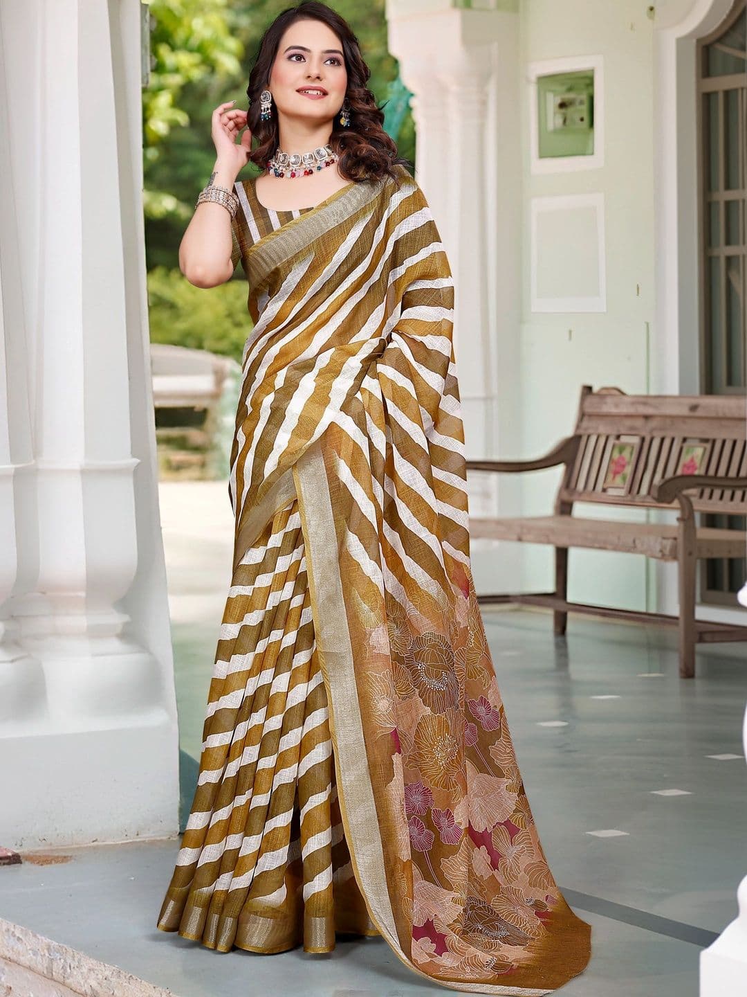 MANVAA Women's Gold Brown Cotton Linen Saree thumbnail 7