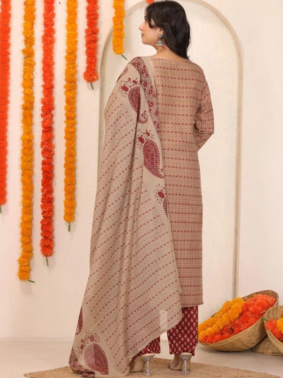 AFFO Women Ethnic Motifs Printed Regular Mirror Work Pure Cotton Kurta with Palazzos & With Dupatta thumbnail 5
