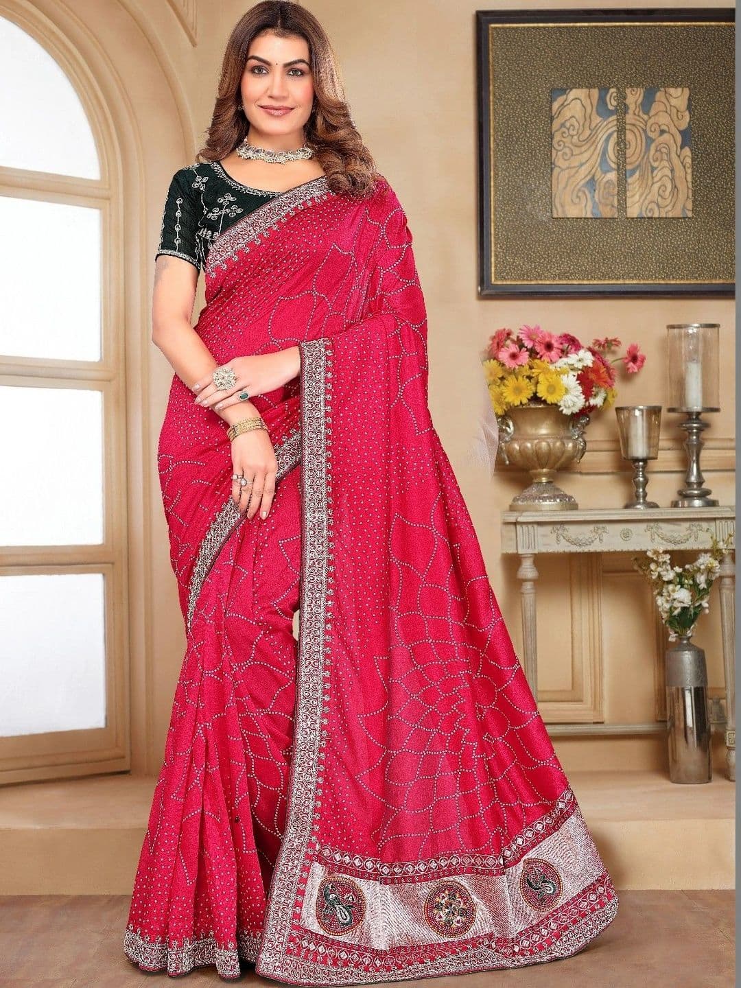 SmileyFashion Embellished Embroidered Art Silk Designer Saree thumbnail 3