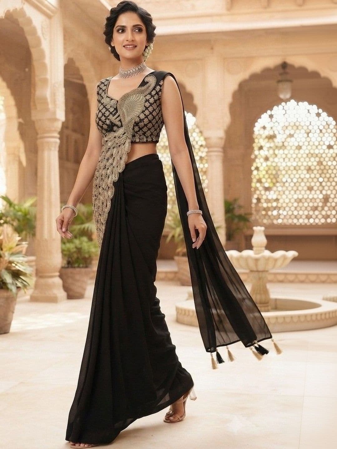 SmileyFashion Embellished Embroidered Pure Georgette Designer Saree thumbnail 5