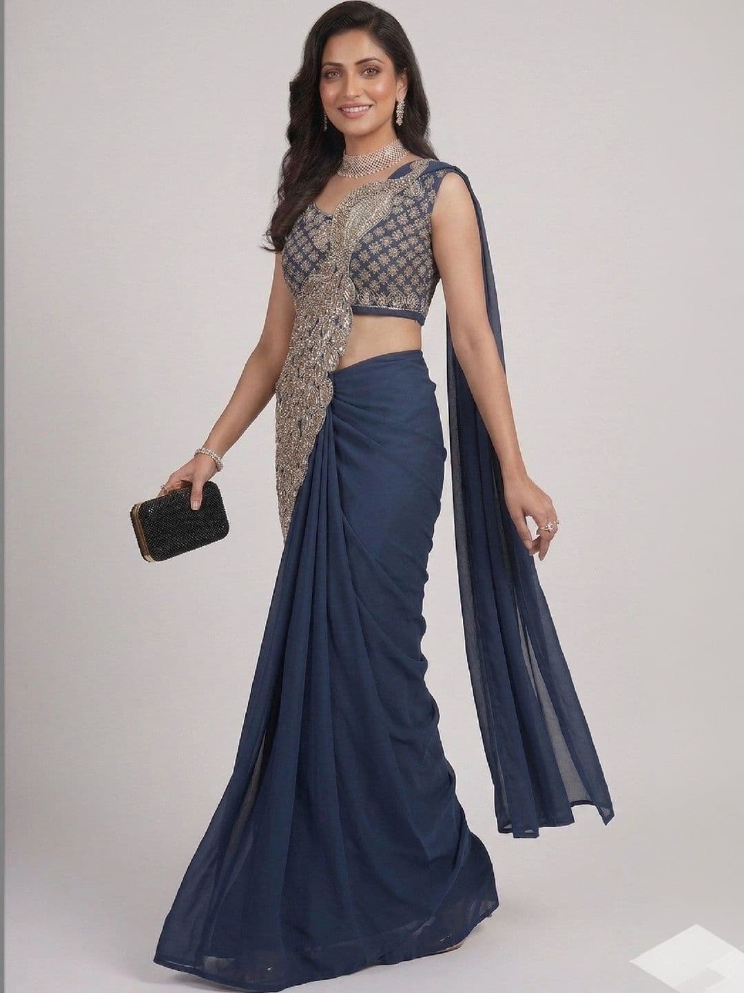 SmileyFashion Embellished Embroidered Pure Georgette Designer Saree thumbnail 4