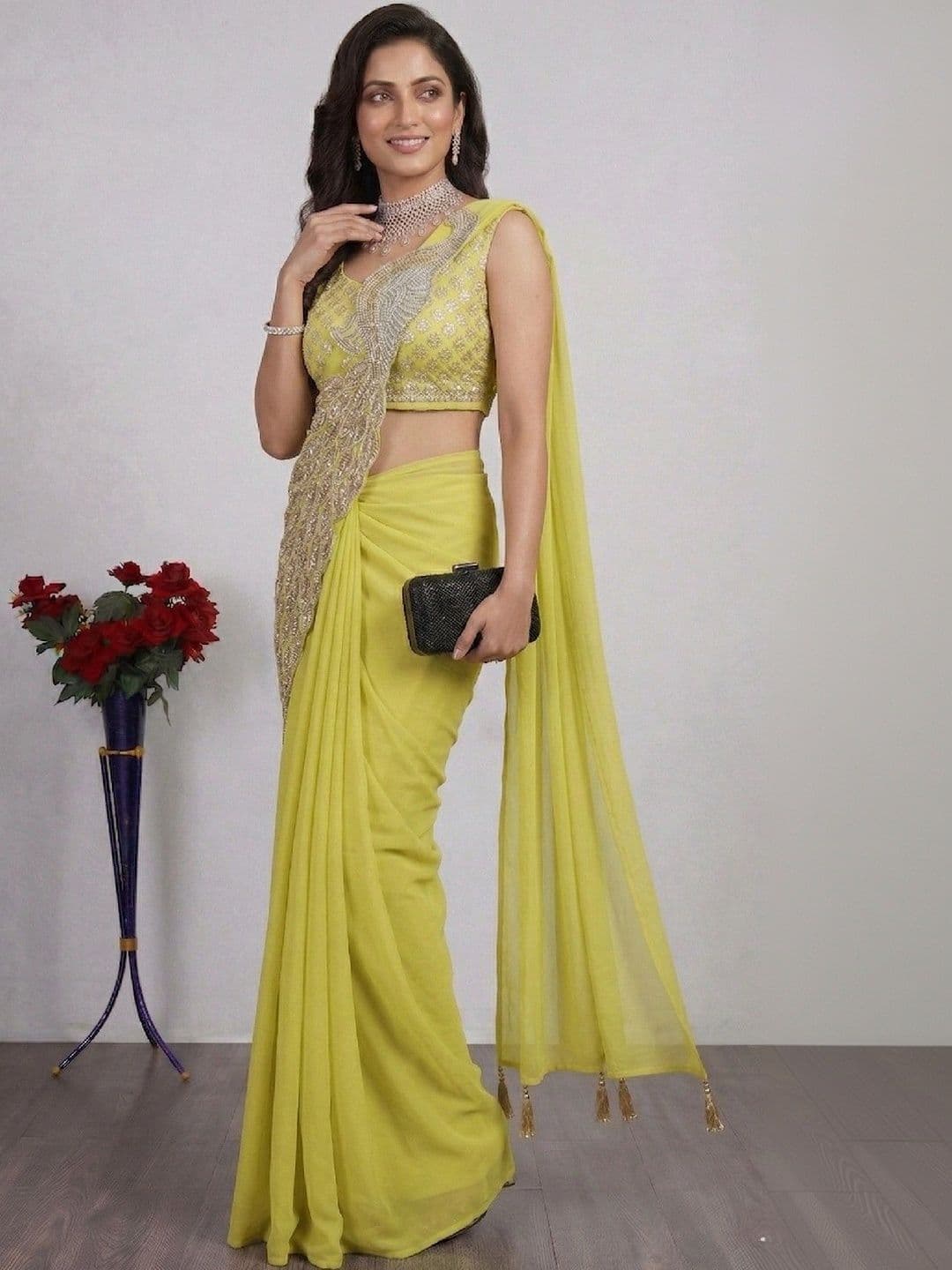 SmileyFashion Embellished Embroidered Pure Georgette Designer Saree thumbnail 4