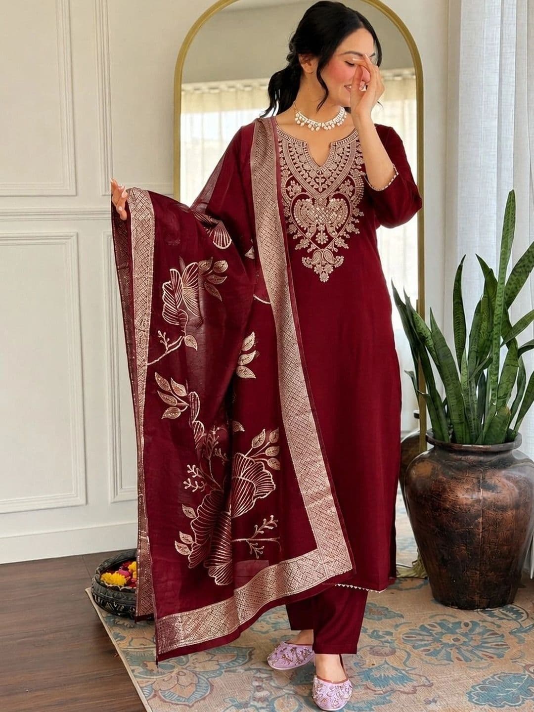 Moda Rapido Women Ethnic Motifs Embroidered Regular Pure Cotton Kurta with Trousers & With Dupatta thumbnail 3