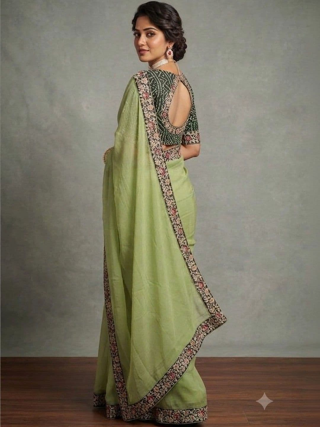 SmileyFashion Floral Embroidered Poly Chiffon Designer Saree thumbnail 3