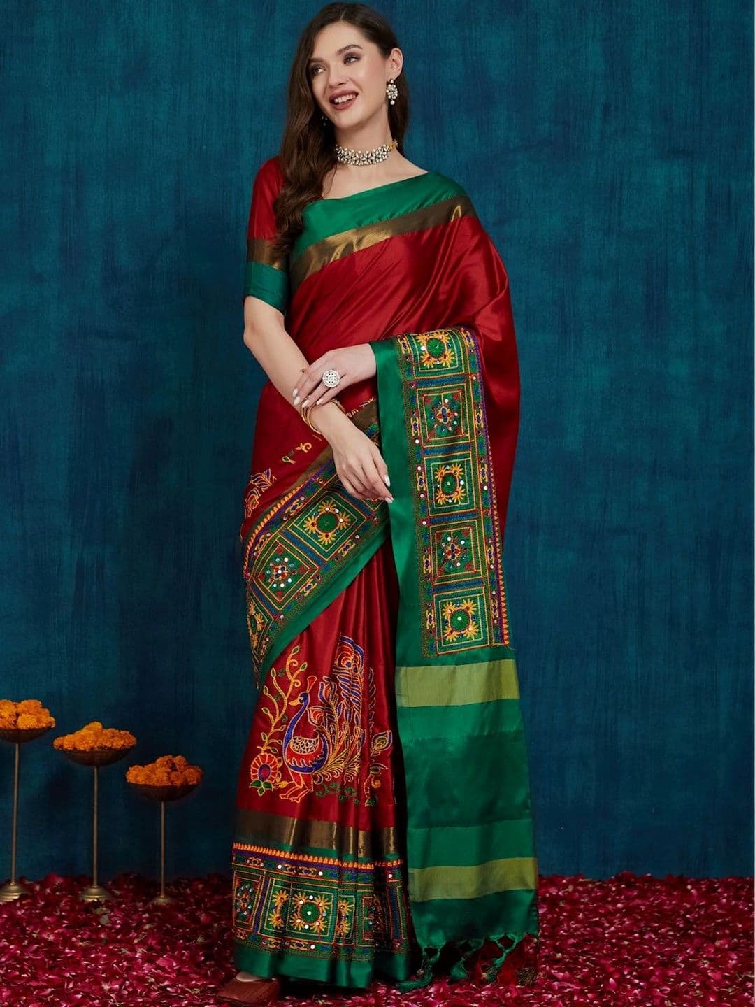 Sangria Floral Embroidered Silk Cotton Heavy Work Saree - view 1