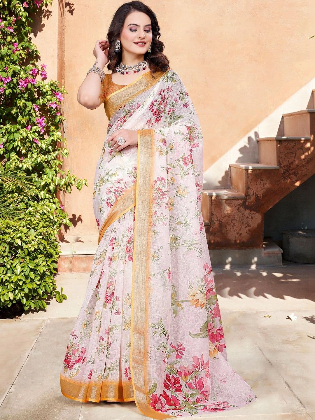 MANVAA Women Woven Design Printed Floral Saree - view 1