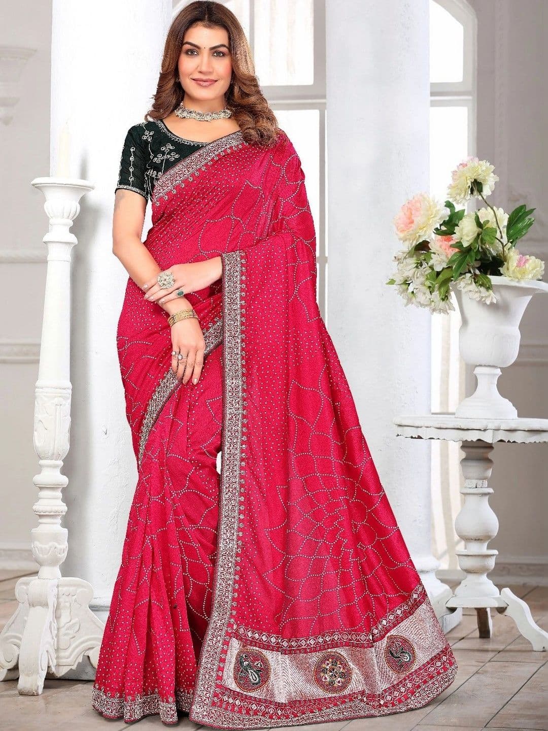 SmileyFashion Bandhani Embroidered Art Silk Designer Saree thumbnail 2