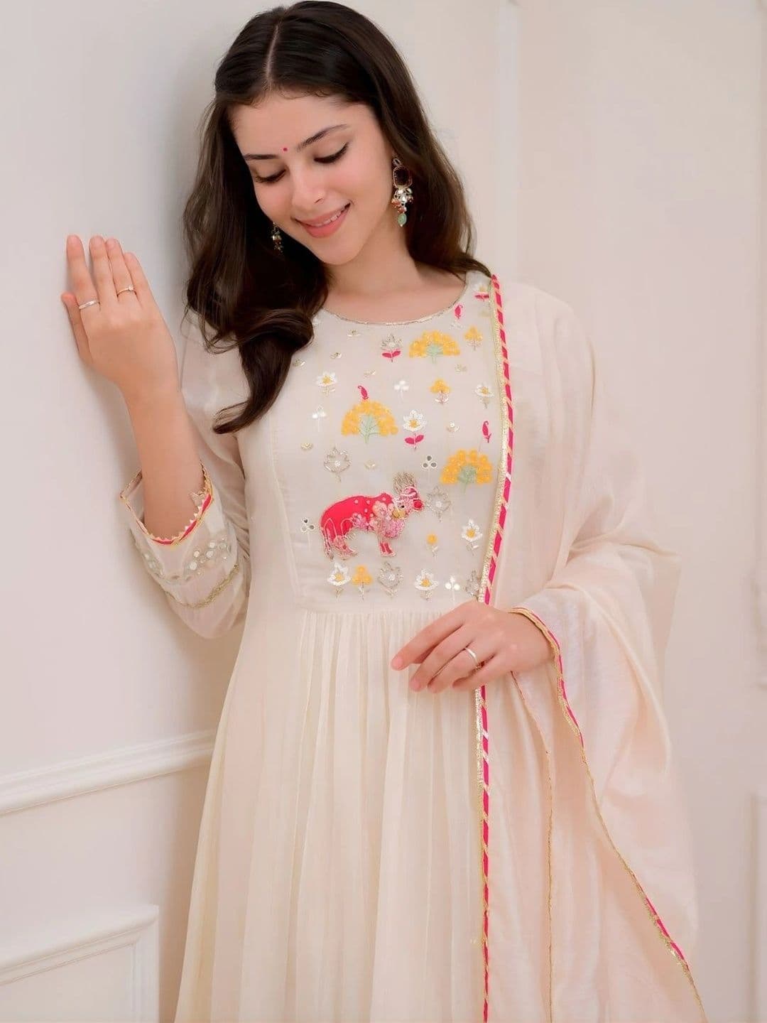 Sangria Women Ethnic Motifs Embroidered Empire Mirror Work Kurta with Trousers & With Dupatta thumbnail 2
