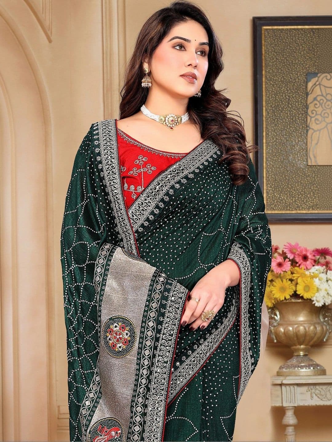 SmileyFashion Embellished Embroidered Art Silk Designer Saree thumbnail 4