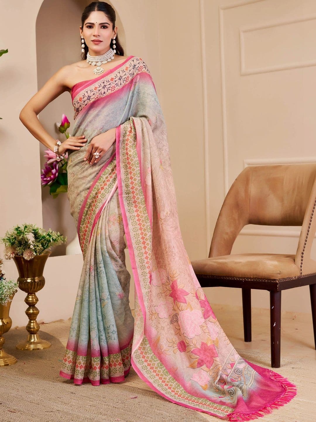 MANVAA Women Floral Silk Cotton Handloom Saree - view 1