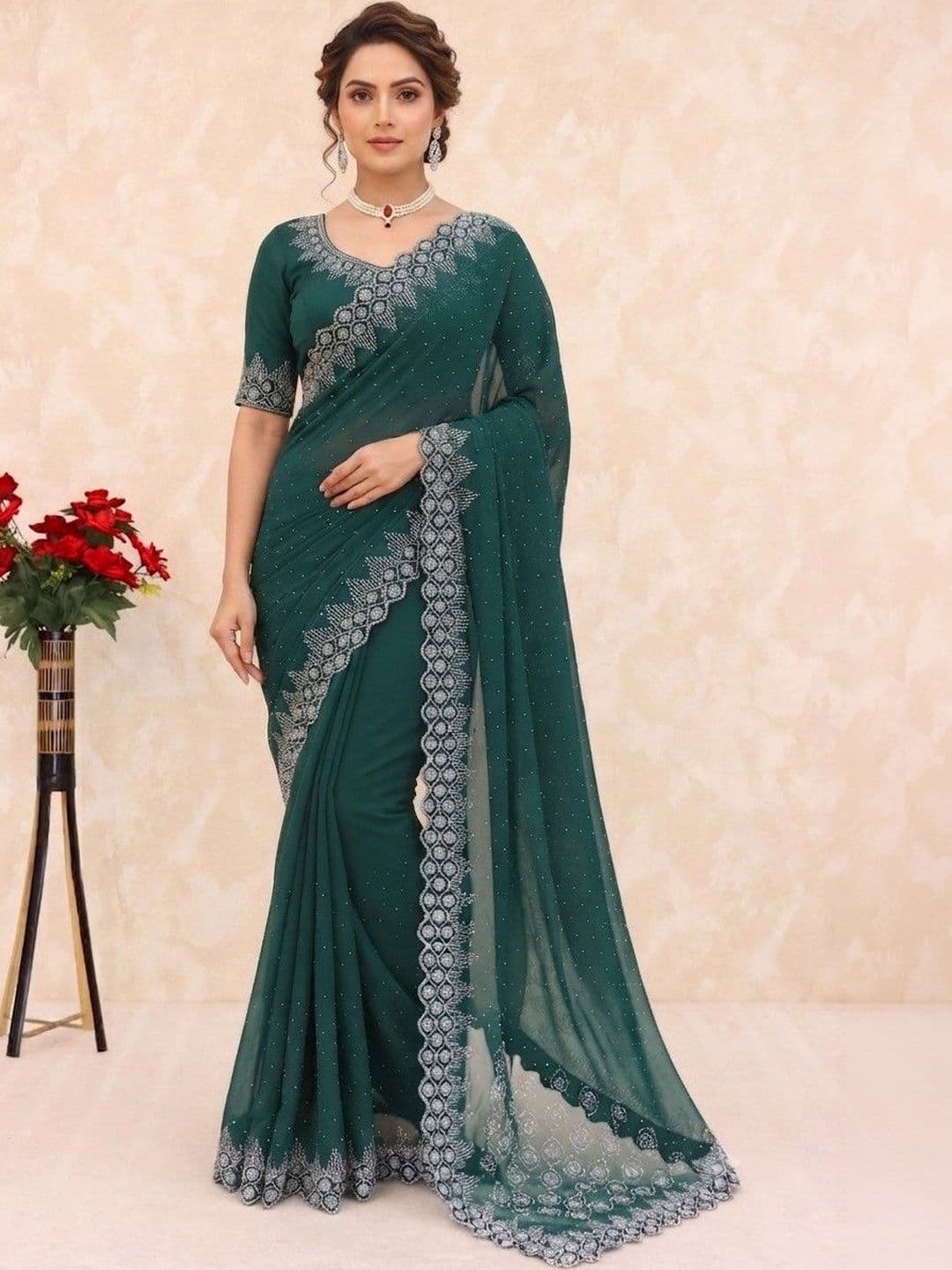 SmileyFashion Embellished Pure Georgette Saree - view 1