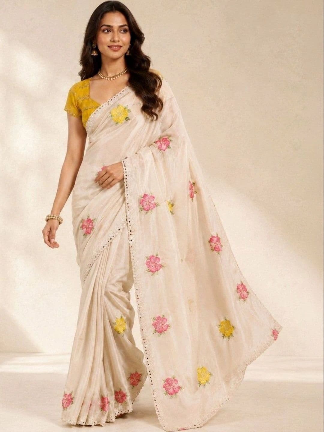 Kandora Floral Mirror Work Pure Georgette Designer Saree thumbnail 6