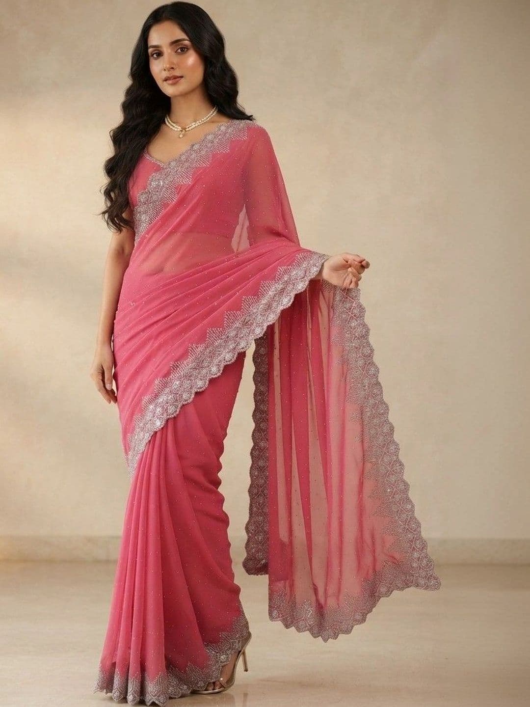 SmileyFashion Embellished Embroidered Pure Georgette Saree thumbnail 4