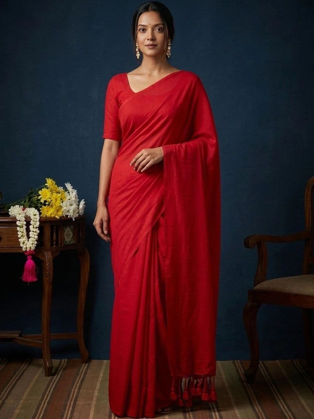 ADUKIAZ Women Pure Cotton Red Saree with Tassels - view 1