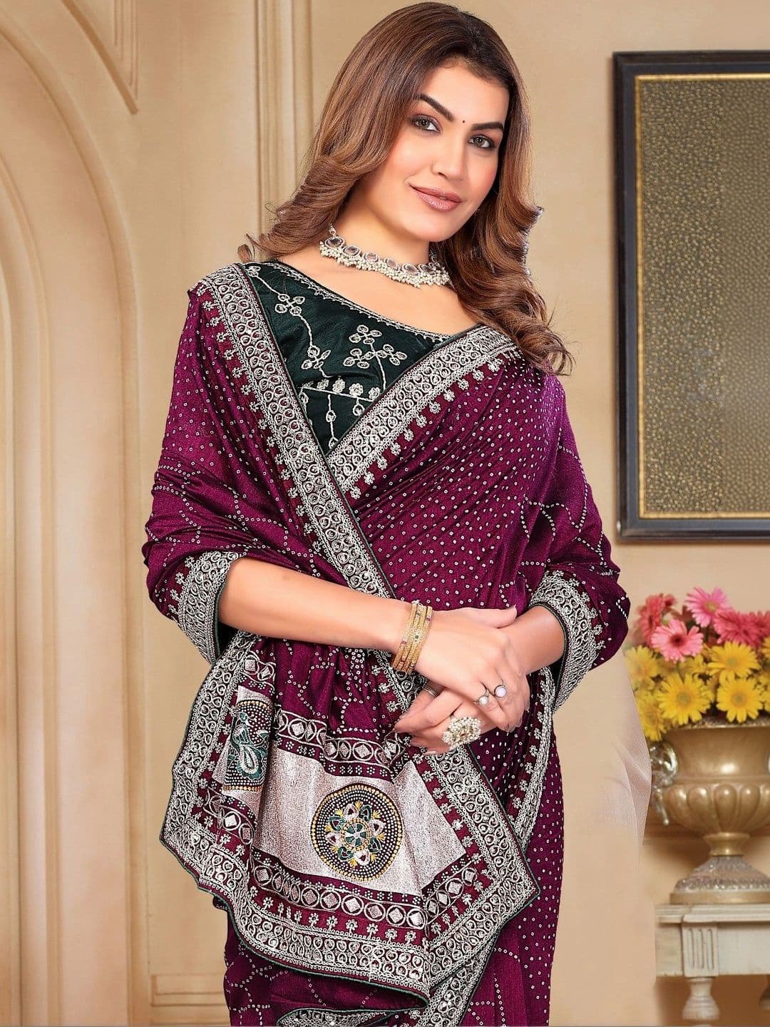 SmileyFashion Embellished Embroidered Art Silk Designer Saree thumbnail 3