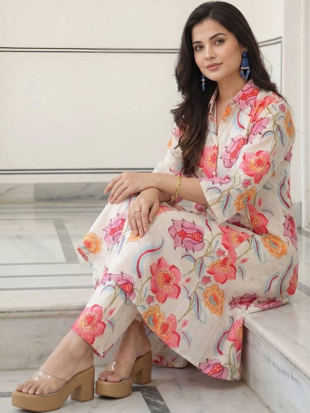 KALINI Women Floral Printed Regular Kurta with Trousers thumbnail 3