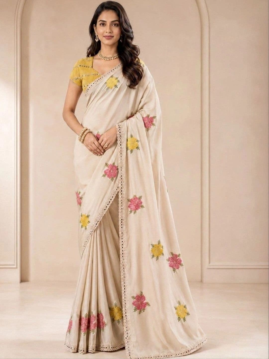 Kandora Floral Mirror Work Pure Georgette Designer Saree thumbnail 5