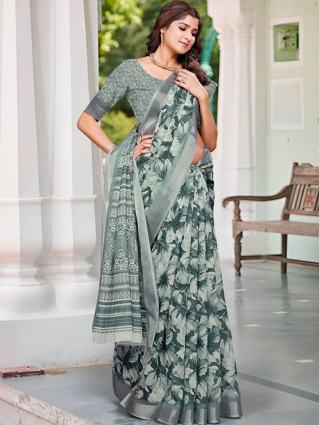 MANVAA Women Floral Cotton Linen Saree thumbnail 5