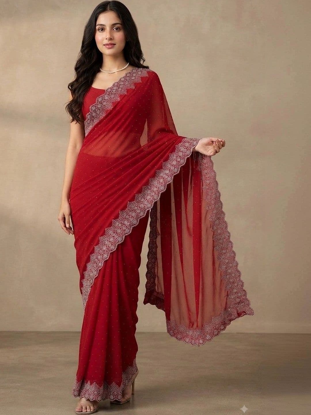 SmileyFashion Embroidered Pure Georgette Saree - view 1