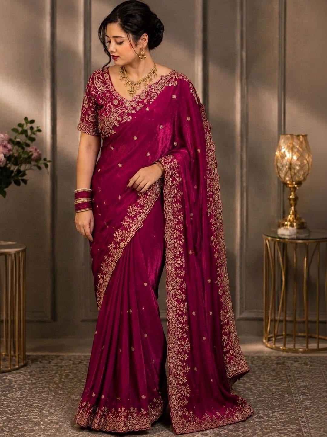 DHARMEE Ethnic Motifs Embroidered Satin Heavy Work Maheshwari Saree - view 1