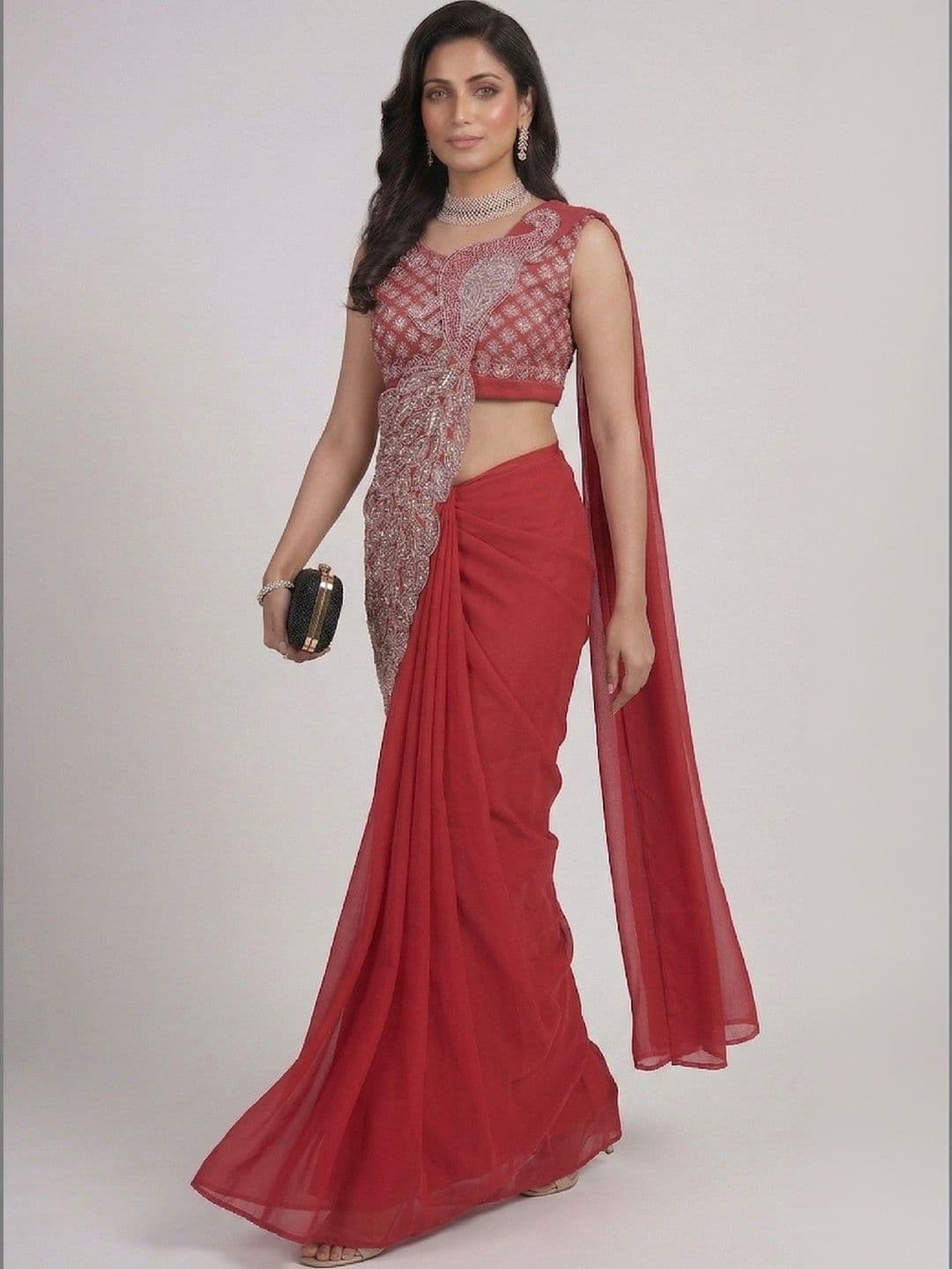 SmileyFashion Embellished Embroidered Pure Georgette Designer Saree thumbnail 2