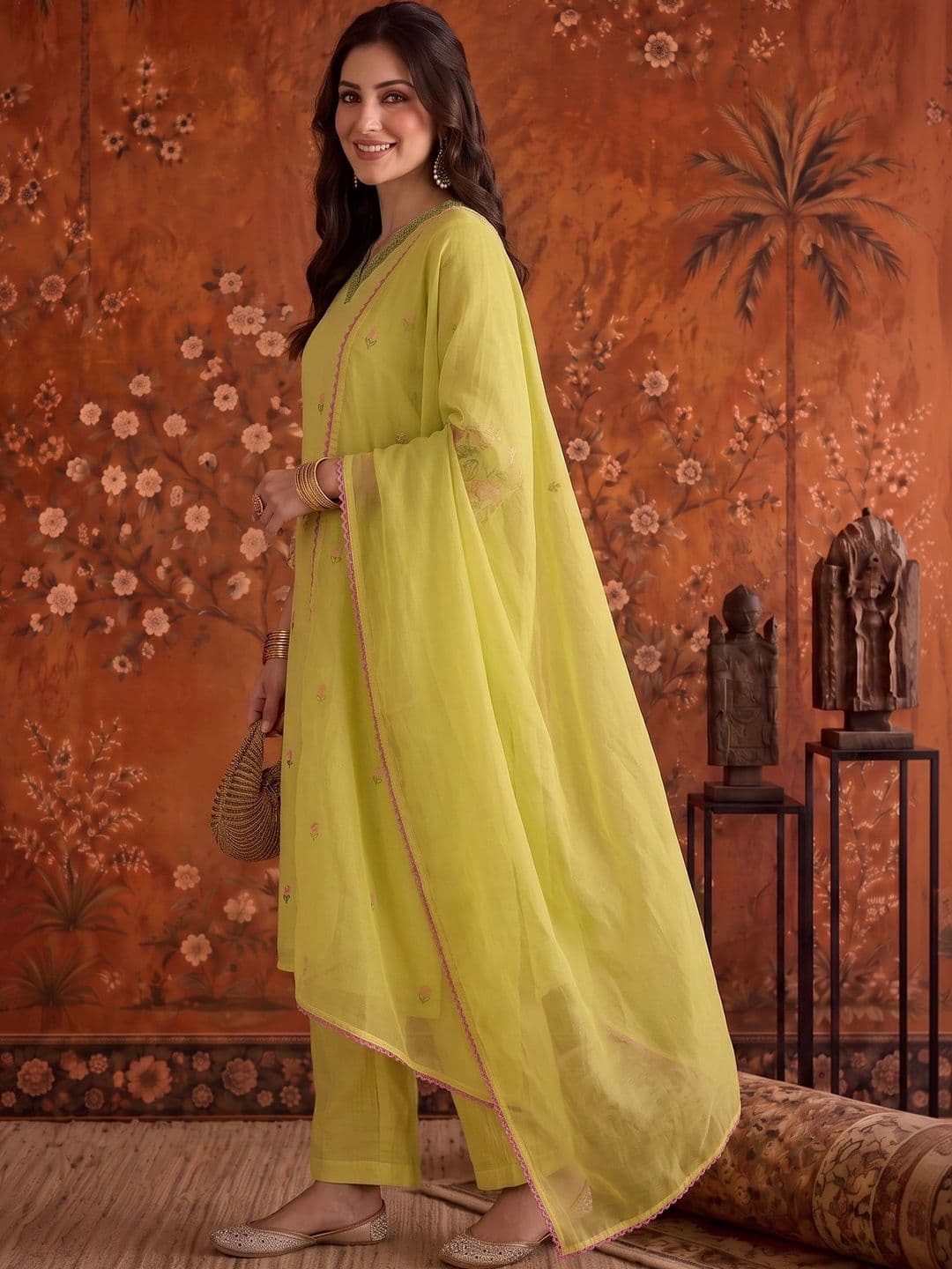 Sangria Women Embroidered Chanderi Cotton Kurta Set with Trousers & Organza Dupatta thumbnail 4