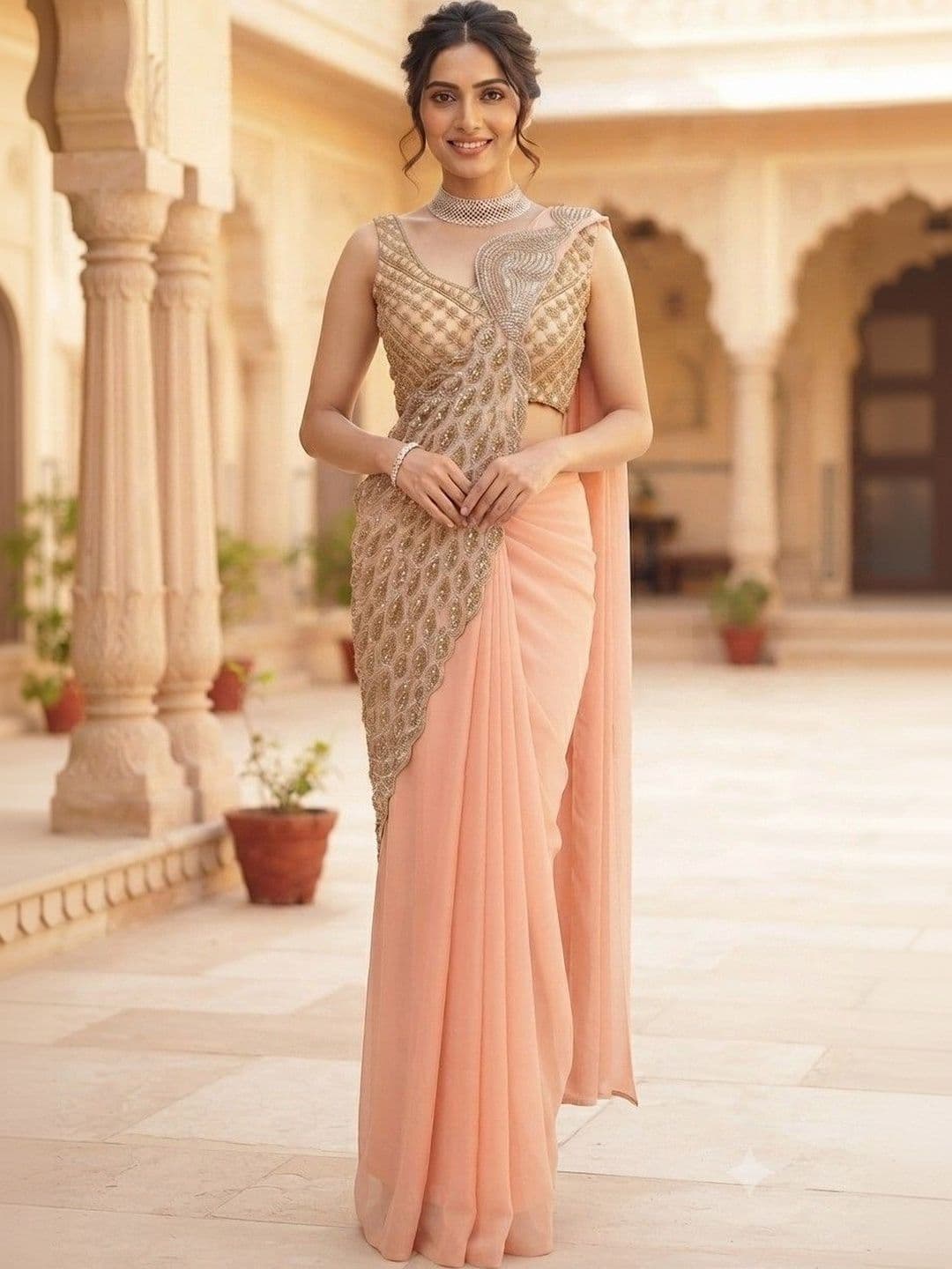 SmileyFashion Embellished Embroidered Pure Georgette Designer Saree - view 1