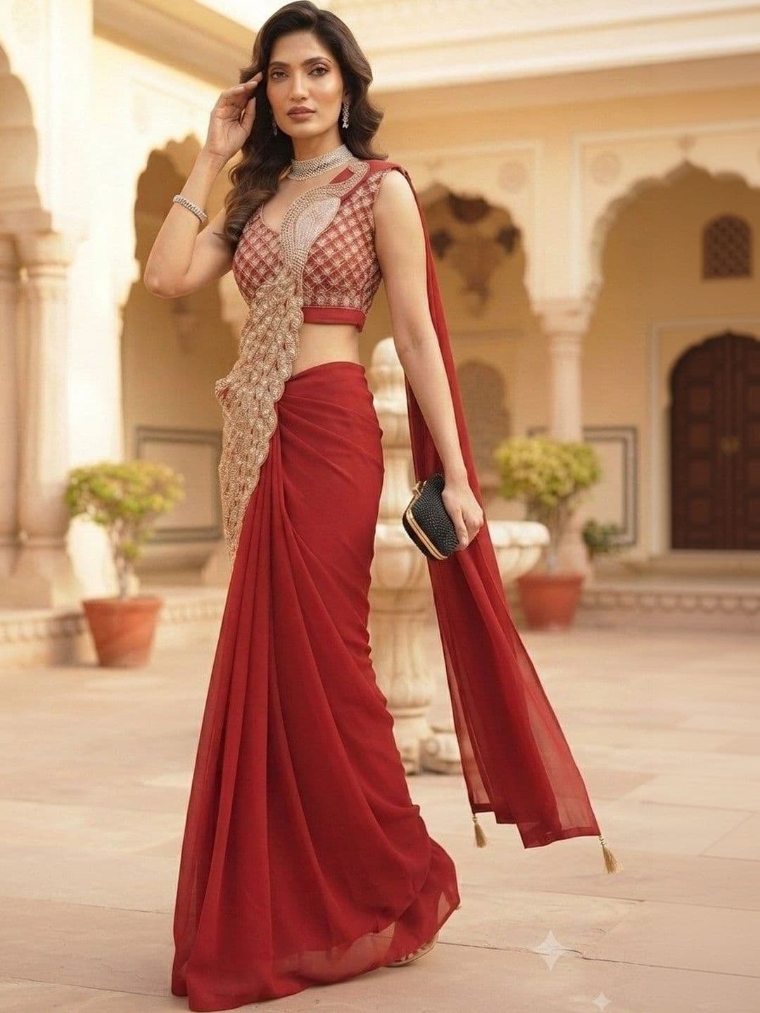 SmileyFashion Embellished Embroidered Pure Georgette Designer Saree thumbnail 3