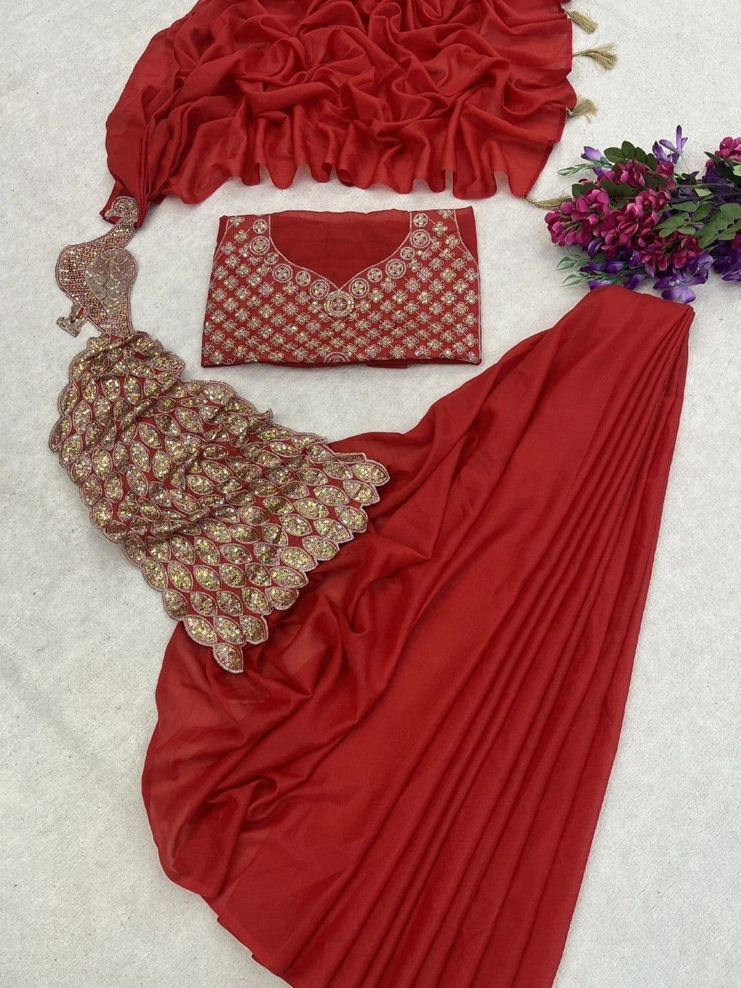 SmileyFashion Embellished Embroidered Pure Georgette Designer Saree thumbnail 2