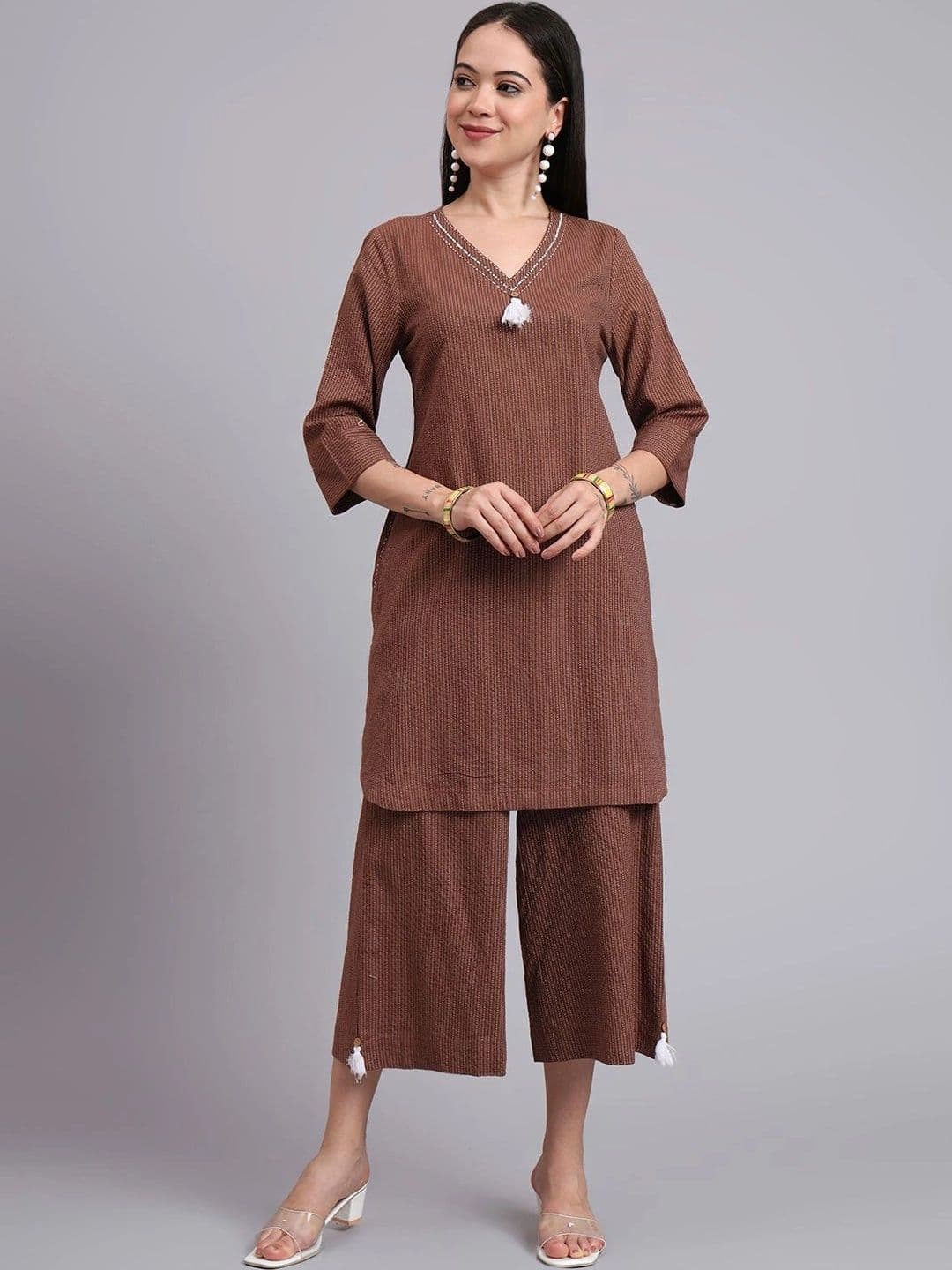 NAVYAAZRI Women Striped Regular Thread Work Pure Cotton Kurta with Palazzos - view 1