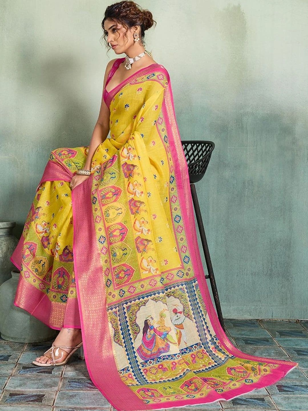 DWIJA FASHION Floral Zari Linen Blend Saree thumbnail 4