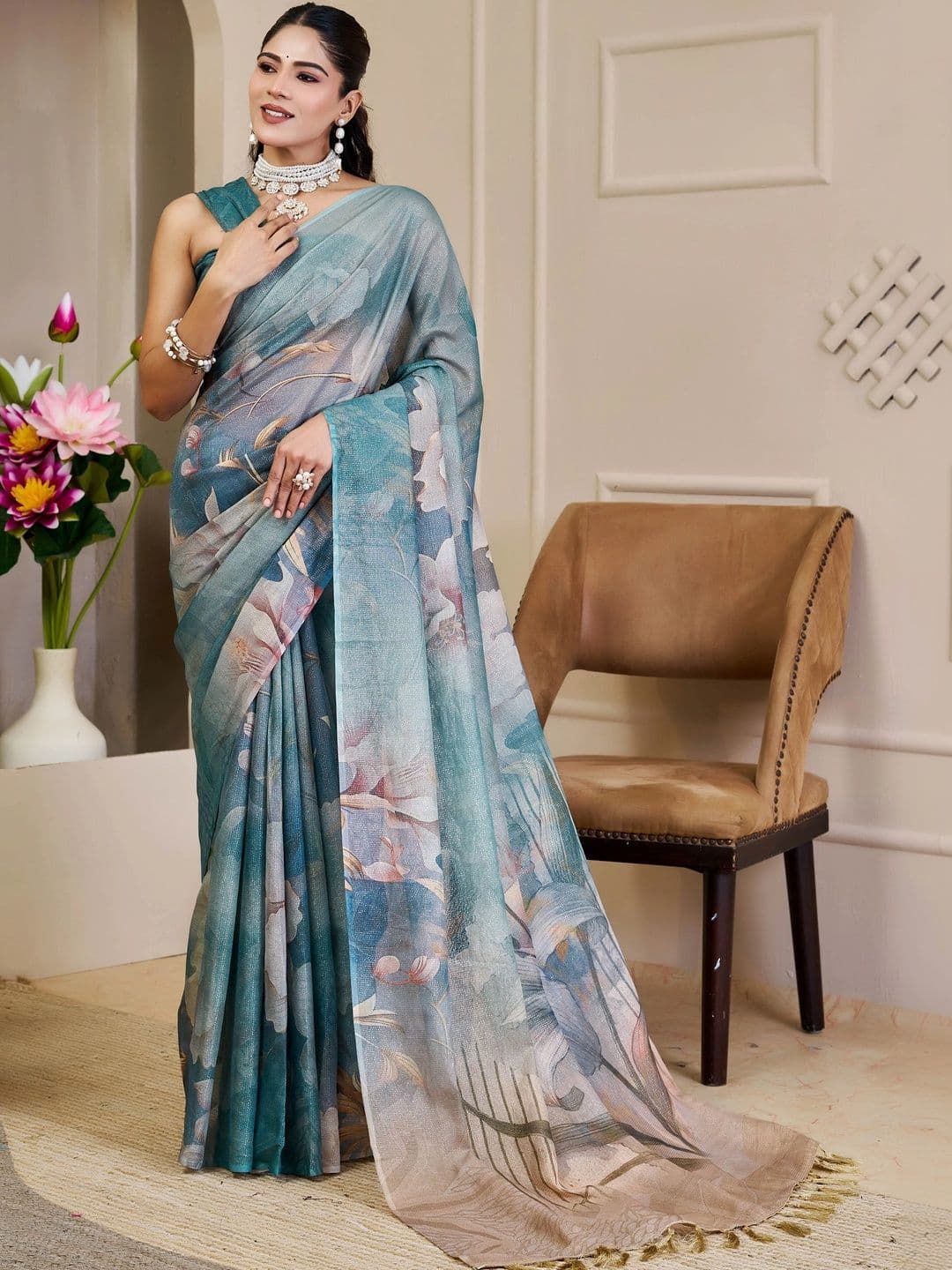 MANVAA Floral Silk Cotton Handloom Saree - view 1