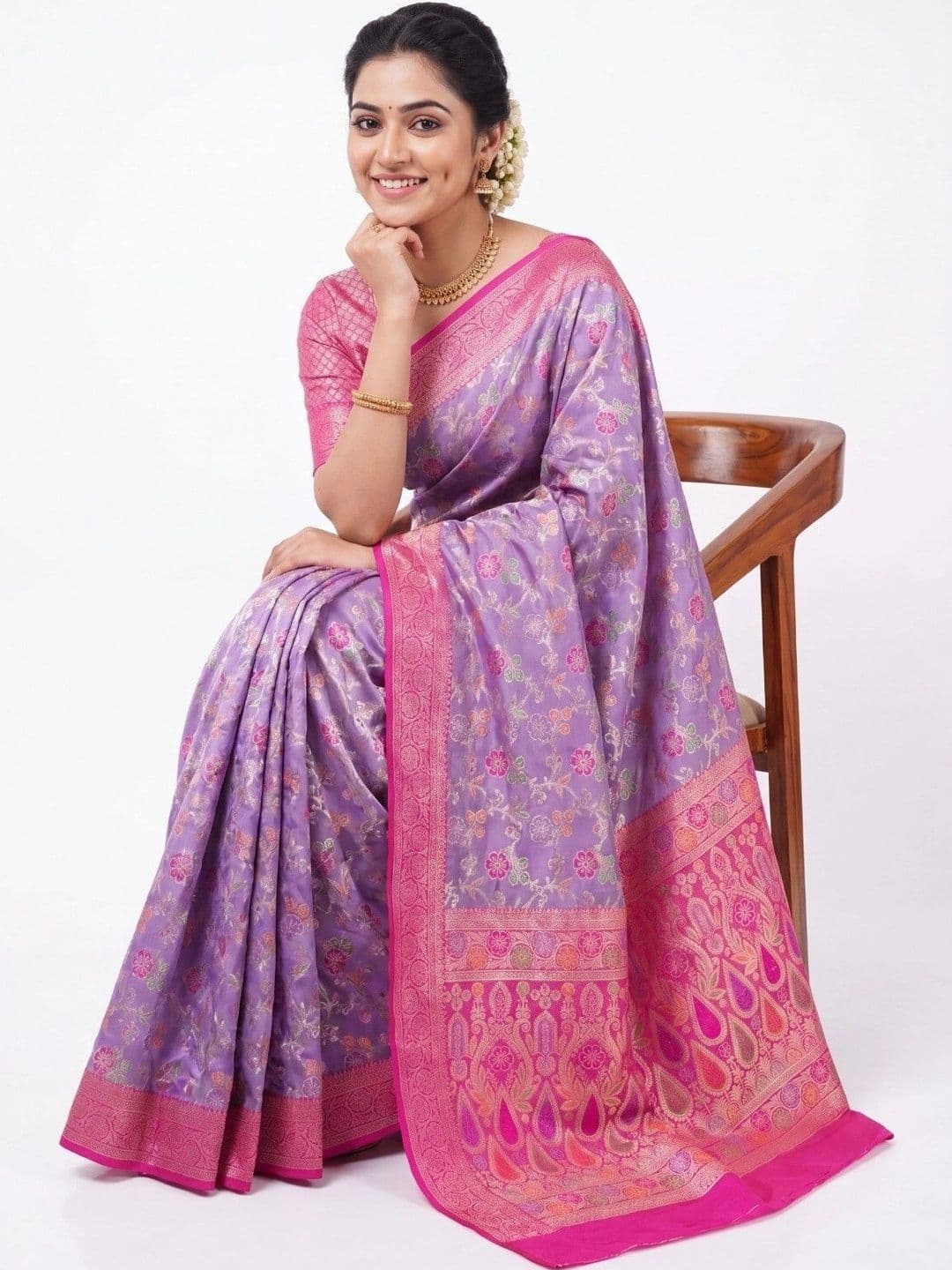 KALINI Floral Zari Art Silk Fusion Banarasi Saree thumbnail 4